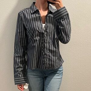 Abercrombie and Fitch Navy Blue White Vertical Striped Button Down Tie Blouse